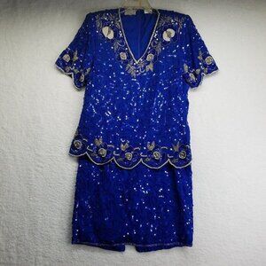 Vintage 2 Piece Silk Blouse Skirt Set‎ Size 10 Blue Silver Beaded Shoulder Pads